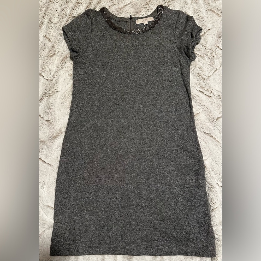 LOFT Heather Gray Knit Sweater Dress with Embellished Beaded Collar - Picture 4 of 14